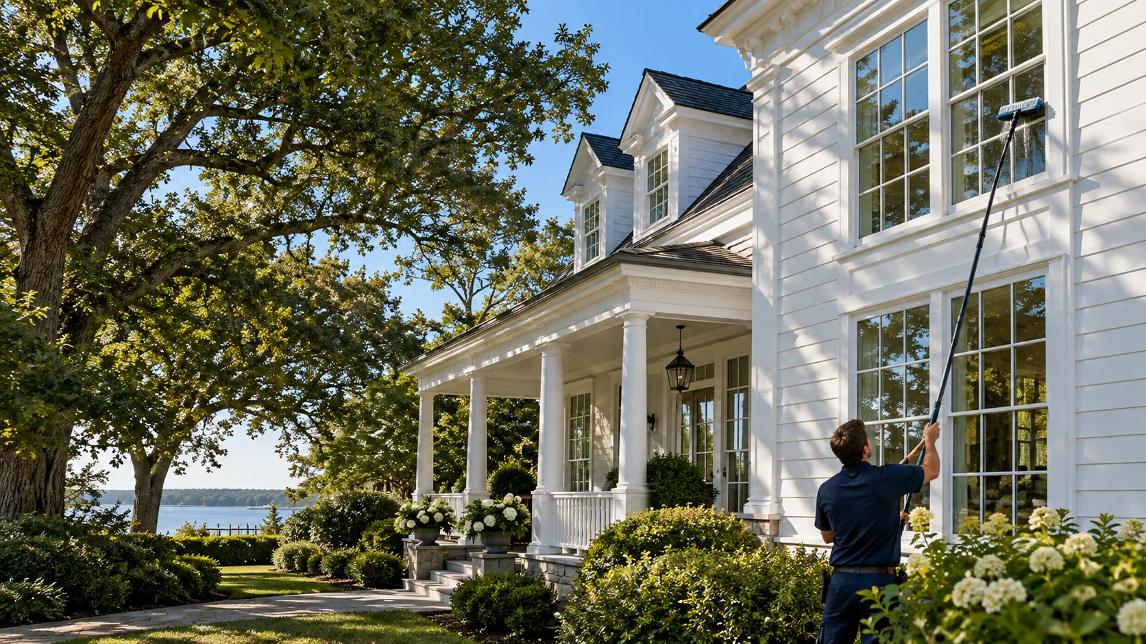 Illustration of ground-based window cleaning at a coastal Virginia home