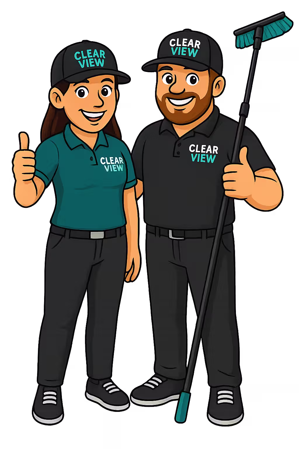 Clear View mascots cleaning windows with water-fed pole system